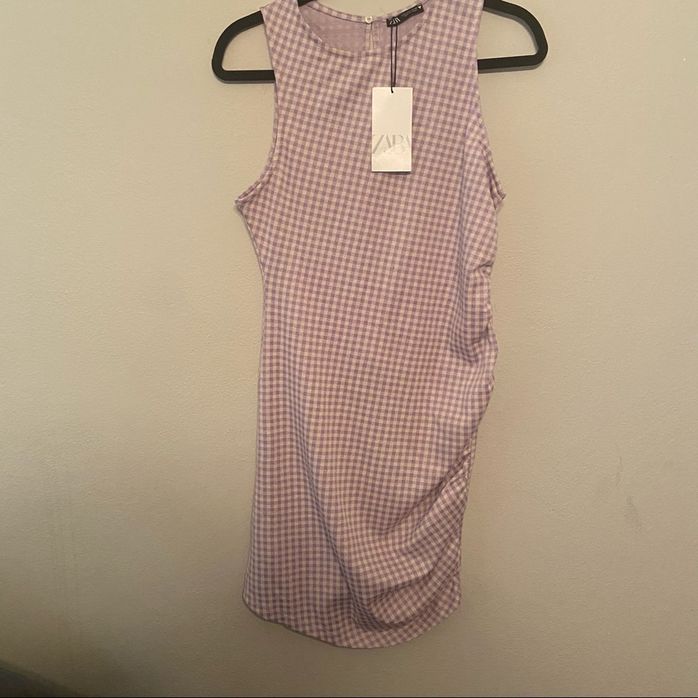 NWT Zara Lilac Gingham Ruched Dress Size Large